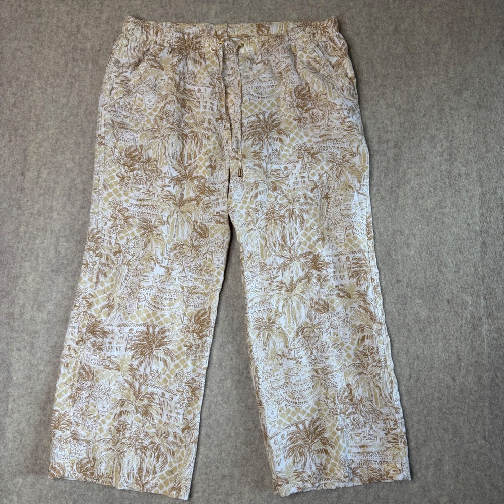 Lilly Pulitzer Brawley 100% Linen Crop Pant Womens XL Tan Palm Beach Print NWT